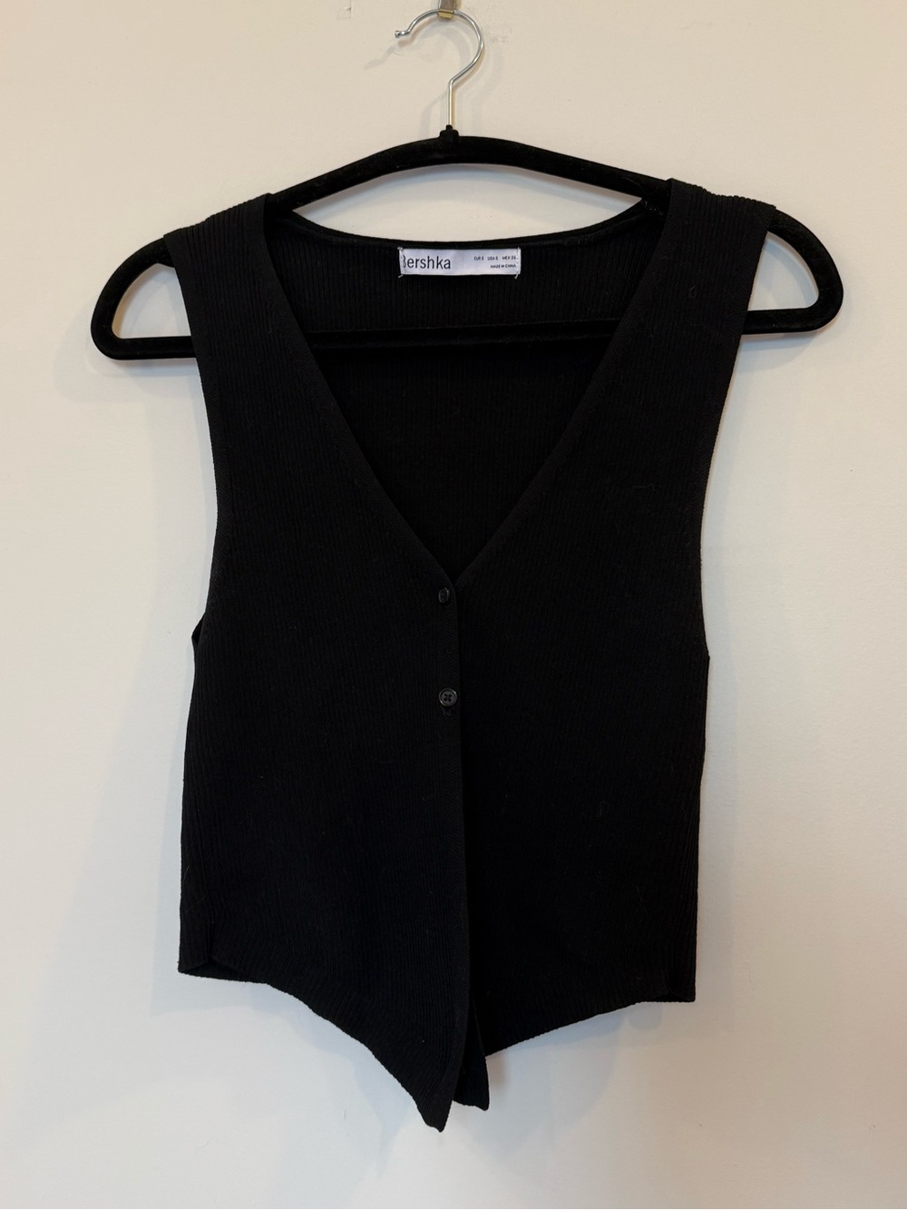Bershka Black Ribbed V-Neck Button Tank